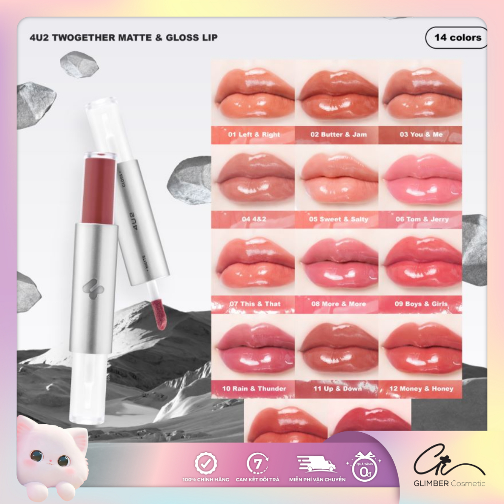 Son 2 Đầu 4U2 Twogether Matte And Gloss Lip - Son Lì Lâu Trôi Giúp Môi Căng Bóng