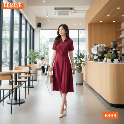Đầm thiết kế BEMINE cổ sơ mi có đai eo dáng chữ A phù hợp đi làm, đi chơi-B439