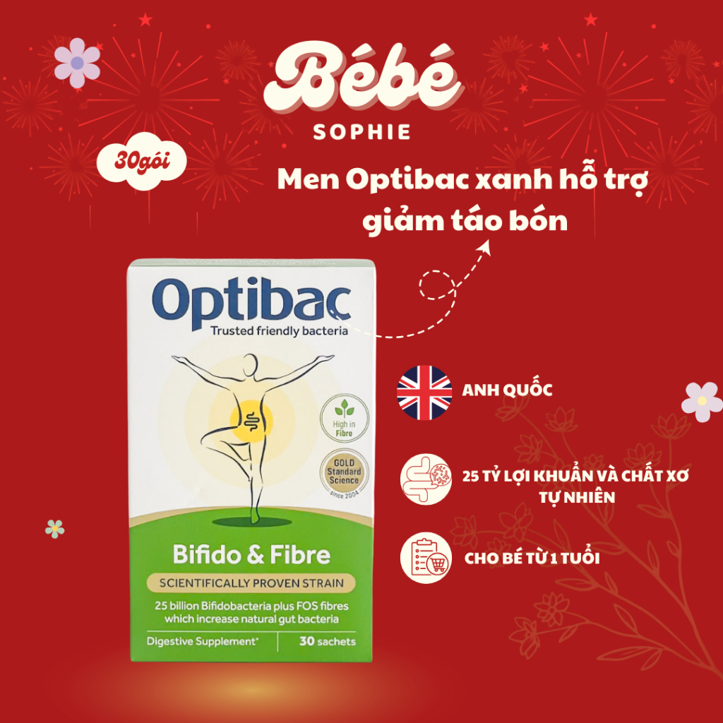 Men Optibac xanh lá hỗ trợ táo bón cho bé từ 1 tuổi 30 gói (𝐍𝐡𝐚̣̂𝐩 𝐤𝐡𝐚̂̉𝐮)- Bebe Sophie