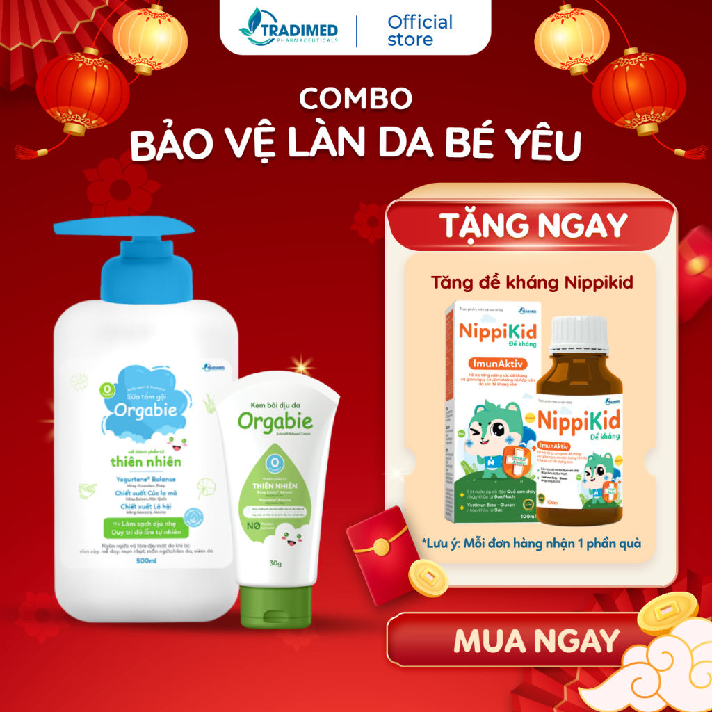 Combo Chăm sóc da bé, Dưỡng ẩm dịu nhẹ - Sữa tắm Orgabie, Kem bôi dịu da Orgabie, Tradimed Pharma