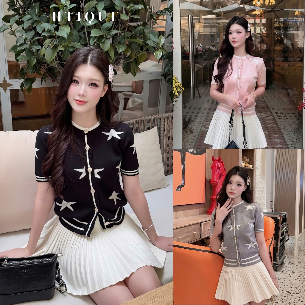 (BST hè 2026) HTIQUE ra mắt Áo len ngắn tay dệt kim phối ngôi sao, Áo len ngôi sao ba màu mang lại s