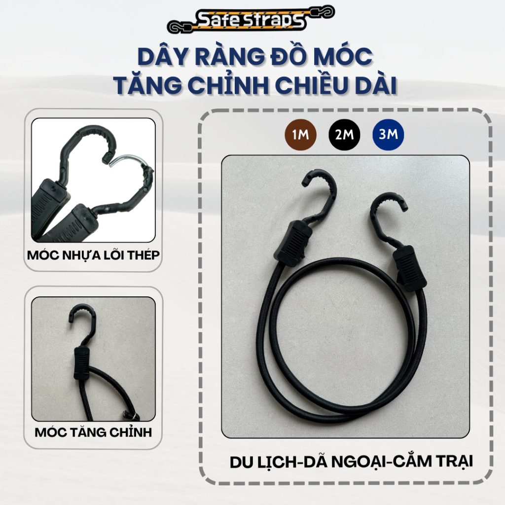 Dây Chằng Hàng Tự Khóa Safestraps, Lõi Thép Chịu Lực Bọc Nhựa, Ràng Đồ Xe Máy, Tăng Chỉnh Độ Dài 3M