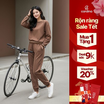 Đồ bộ thể thao nữ YOUNGER BY CARDINA tách sét vải umi áo dài tay cổ tròn bo gấu và quần dài phối viền  5YANF23, 5YQDT23