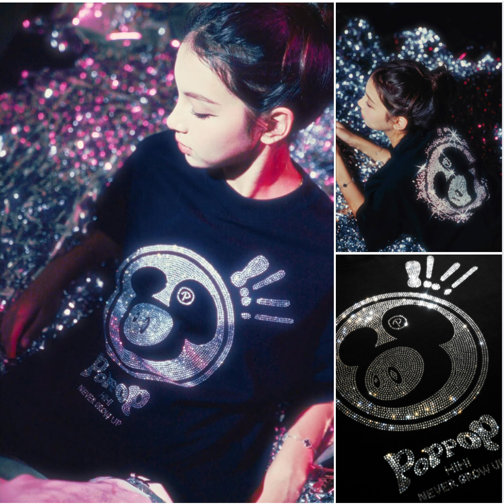 𝐏𝐎𝐏𝐏𝐎𝐏 𝐇𝐈𝐇𝐈 | ÁO THUN POPPOP HIHI MASCOT ĐÍNH ĐÁ 2 MẶT / ĐEN