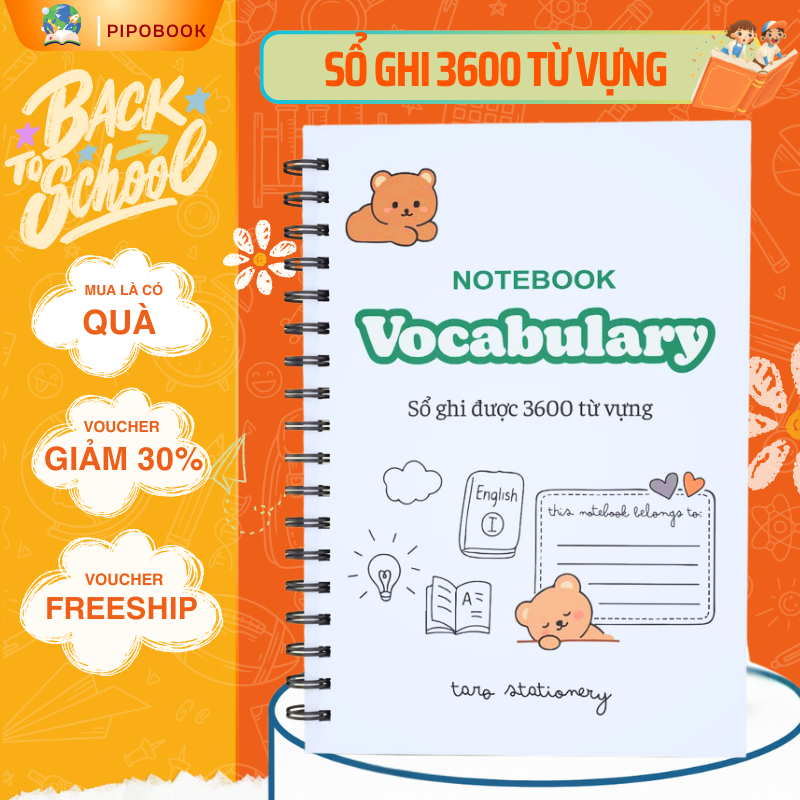 Sổ tay học từ vựng học 3600 từ vựng tiếng Anh, Trung, Nhật, Hàn (B5) 120 trang- Pipobook shop