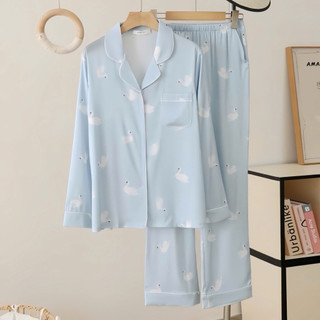 Bộ pyjama lụa latin mềm mịn hoạ tiết thiên nga hàng freesize