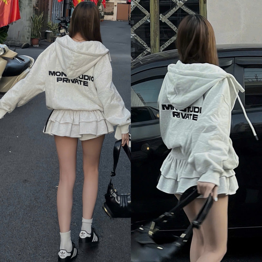 [ NỈ BÔNG KHÔNG XÙ ] Mon Studio – Áo Khoác Nỉ Hoodie Zip Boxy MON STUDIO PRIVATE Chống Nắng,Có Túi T