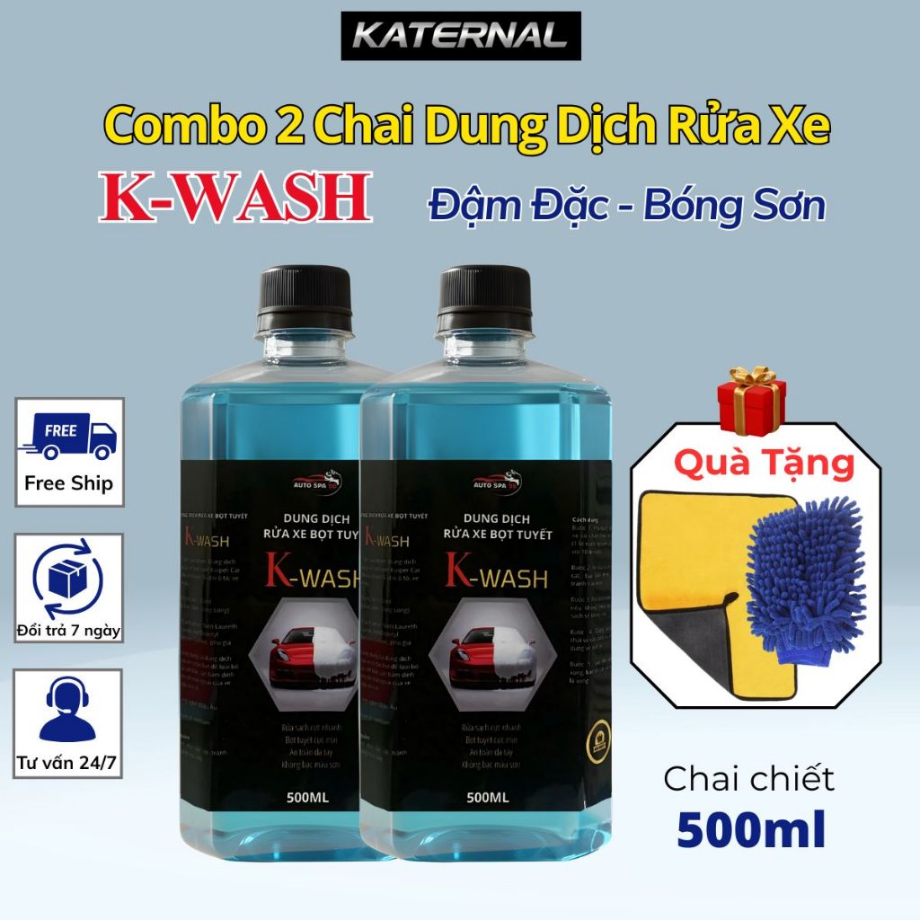 Combo 2 Chai Dung Dịch Rửa Xe Bọt Tuyết K-WASH 500ml – Chiết Từ Can 5L – Đậm Đặc, Bóng Sơn – Tặng Kh
