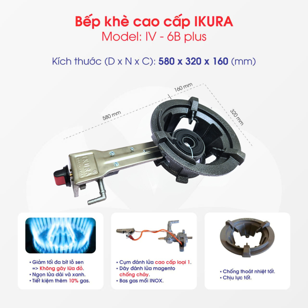Bếp gas công nghiệp (bếp khè) IKURA - Sơn màu mới,khung mới - trọng lượng 6,5 kg - Model VCL 6B Plus