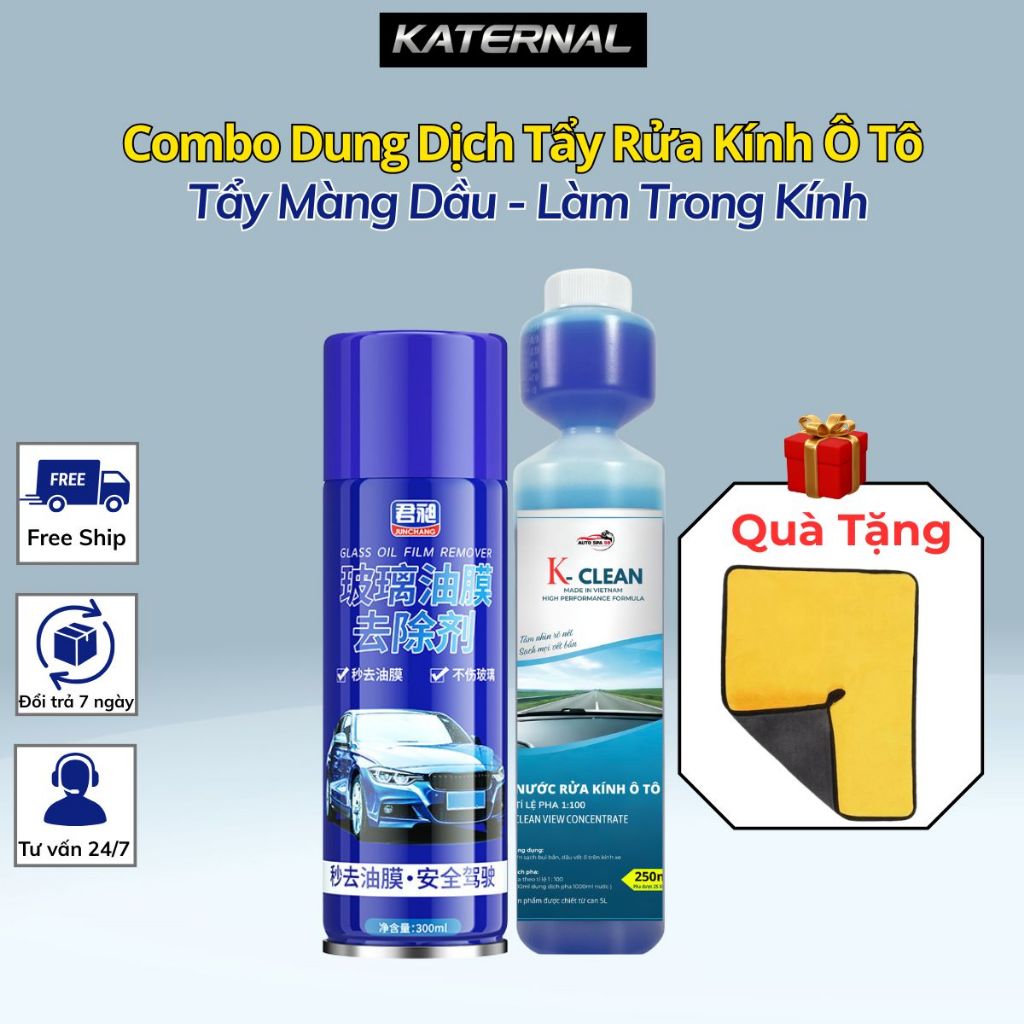 Combo Dung Dịch Tẩy Rửa Kính Ô Tô K-CLEAN & Tẩy Màng Dầu – Làm Trong Kính, Sạch Bụi Dầu | Quà Tặng Khăn Lau Xe