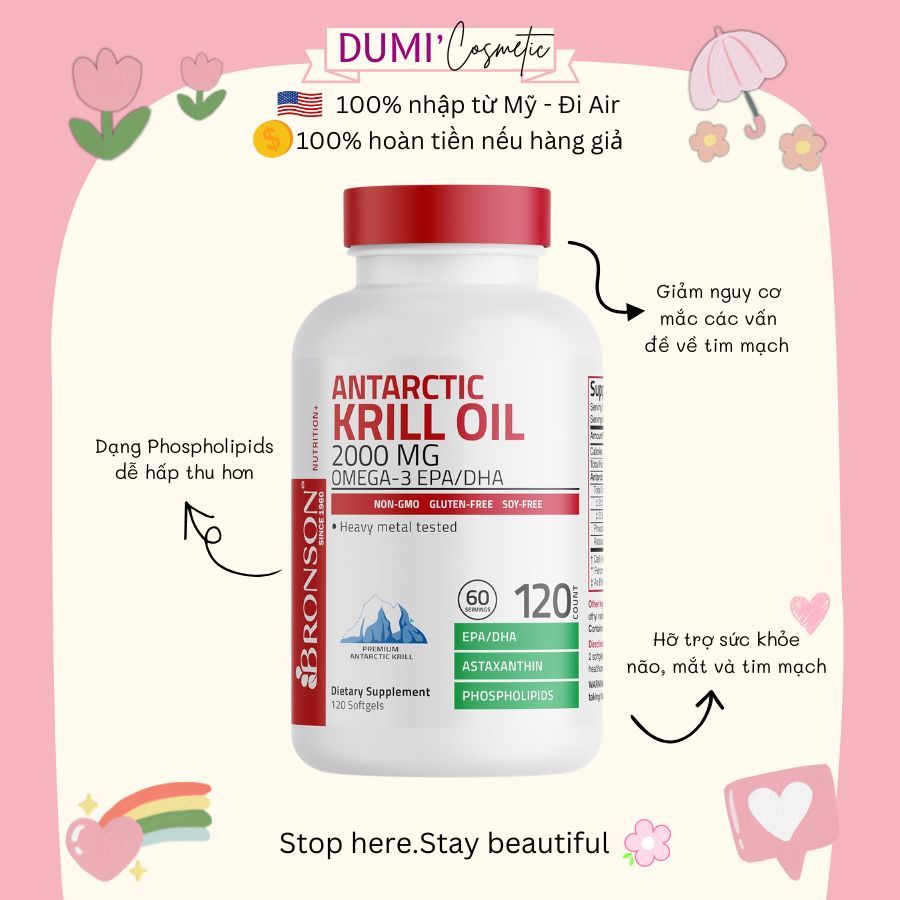 Dầu nhuyễn thể Bronson Antarctic Krill Oil 2000mg Omega-3 EPA/DHA - hỗ trợ sức khỏe tim mạch não mắt