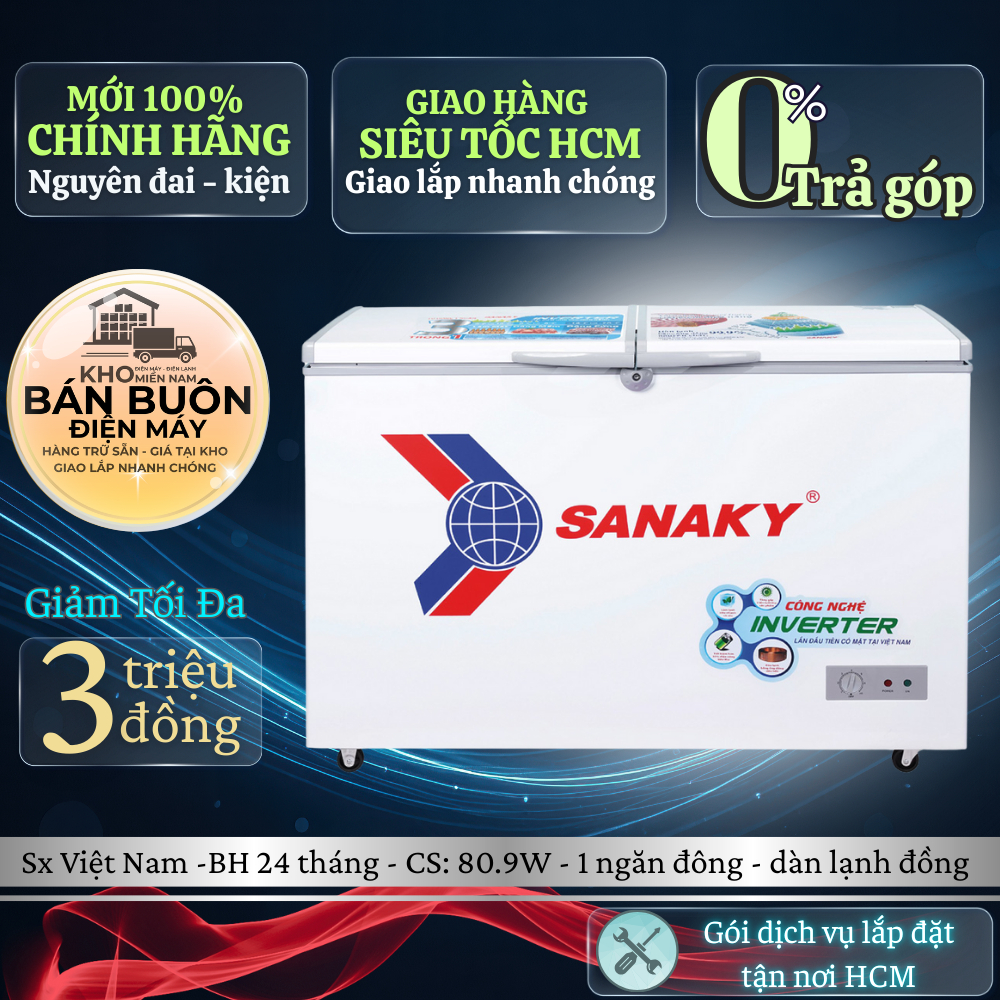 VH-3699A3 Tủ Đông Inverter Sanaky 270 Lít, Dàn Lạnh Ống Đồng, Làm Lạnh Sâu, Tiết Kiệm Điện VH-3699A3