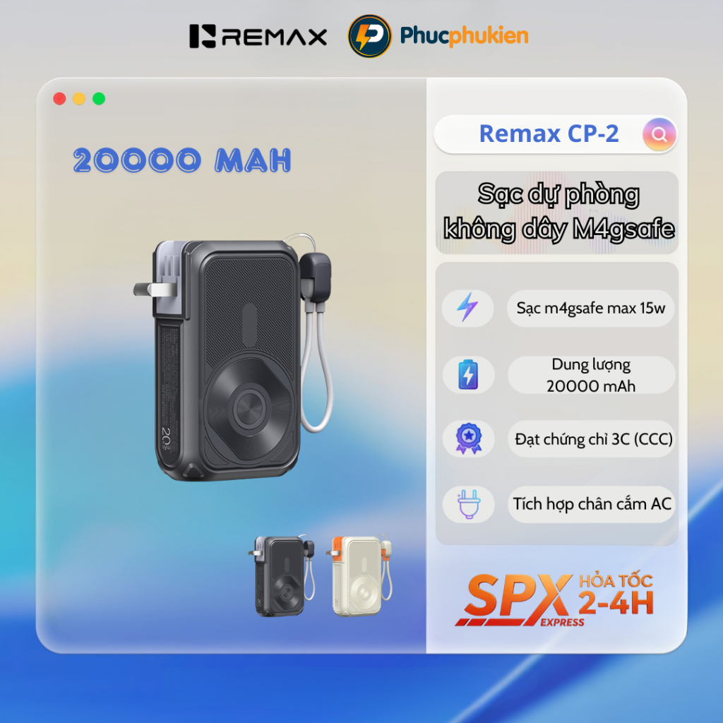 Remax CP-2 - Sạc dự phòng 20000mAh không dây M4gsafe,tích hợp chân AC,chứng chỉ CCC – Phúc Phụ Kiện