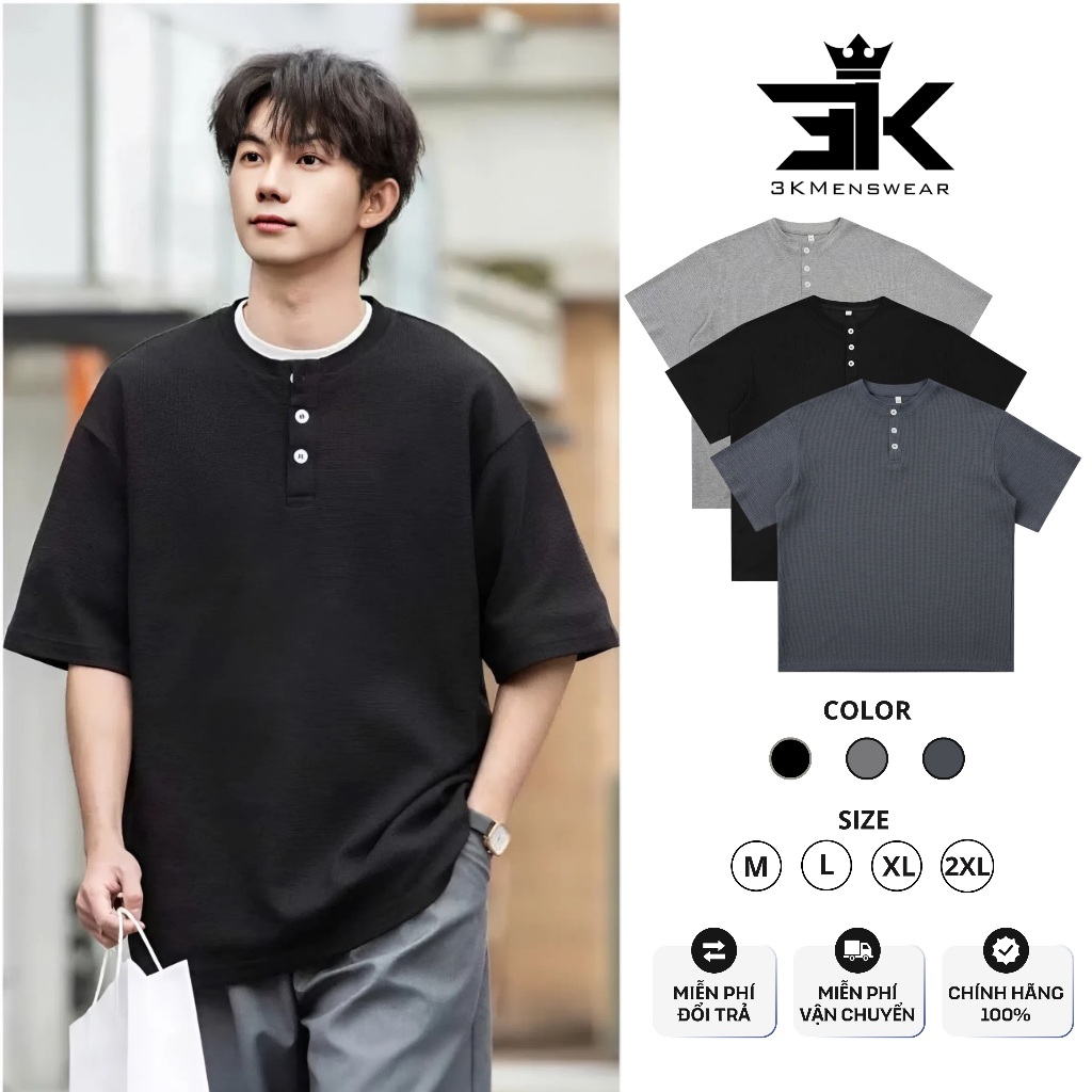 Áo thun cổ trụ 3KMENSWEAR áo thun cổ 10cm form rộng tay ngắn chất liệu tổ ong thoáng mát
