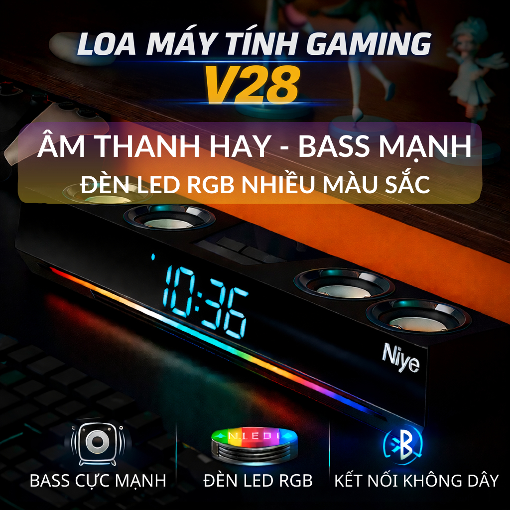 Loa Máy Tính Gaming V28 – Soundbar Bluetooth Để Bàn, LED RGB, Âm Thanh Hay, Bass Mạnh