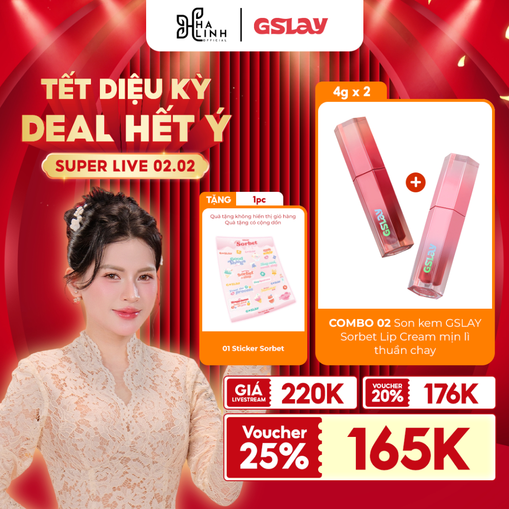 [Võ Hà Linh x GSLAY] COMBO 02 Son kem GSLAY Sorbet Lip Cream mịn lì thuần chay (4gr) Tặng 01 Sticker