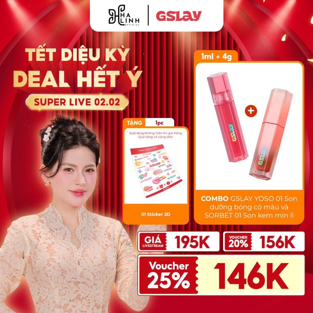 [Võ Hà Linh x GSLAY] COMBO GSLAY YOSO 01 Son dưỡng bóng có màu (1ml) và SORBET 01 Son kem mịn lì (4g