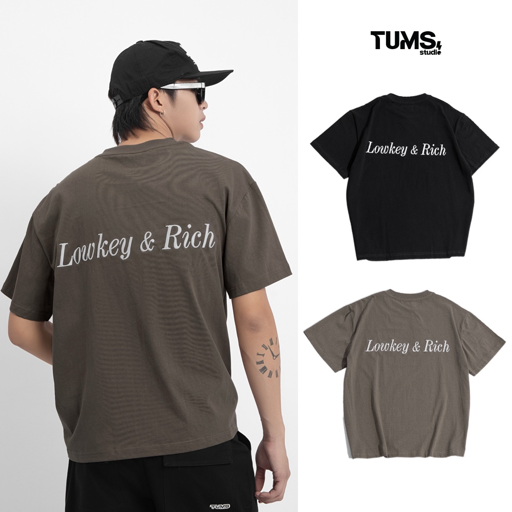 TUM MACHINES - ÁO THUN 100% COTTON THÊU CHỮ LOWKEY & RICH - ĐEN/ NÂU