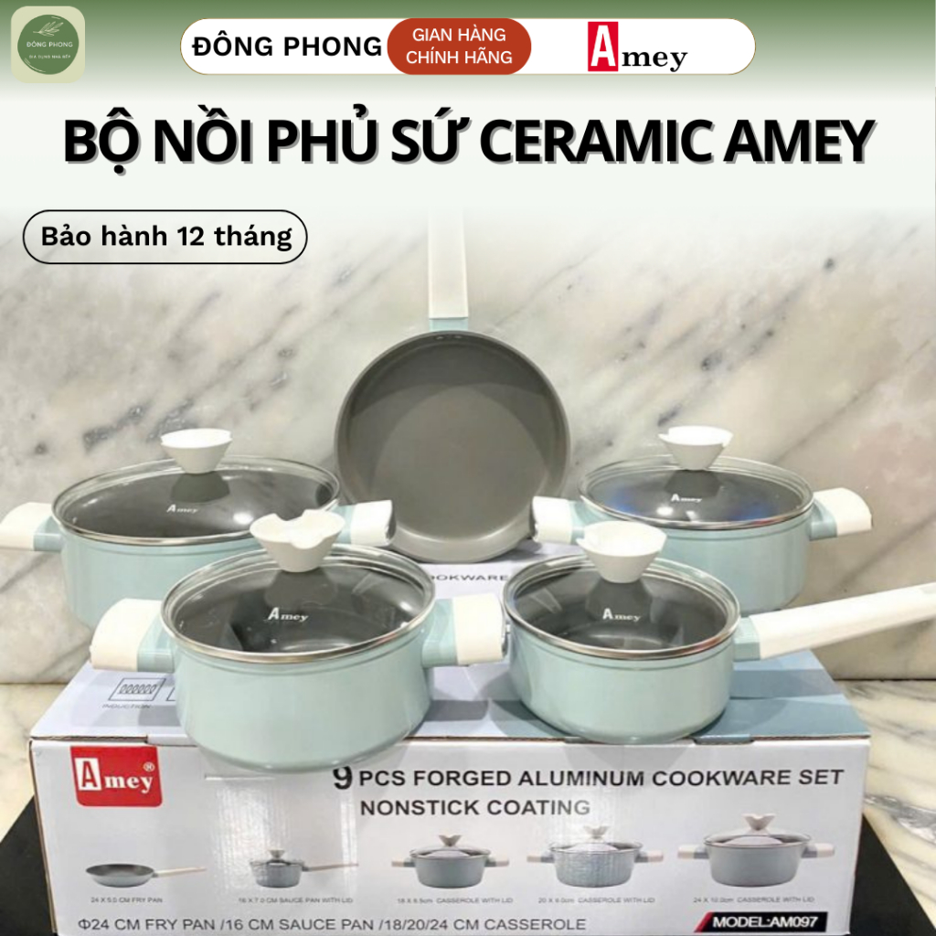 Bộ 5 Nồi Phủ Sứ Chống Dính Ceramic Amey, Bộ Nồi Chảo Đa Năng Hợp Kim Nhôm Cao Cấp An Toàn Bền Bỉ - Shop Đông Phong