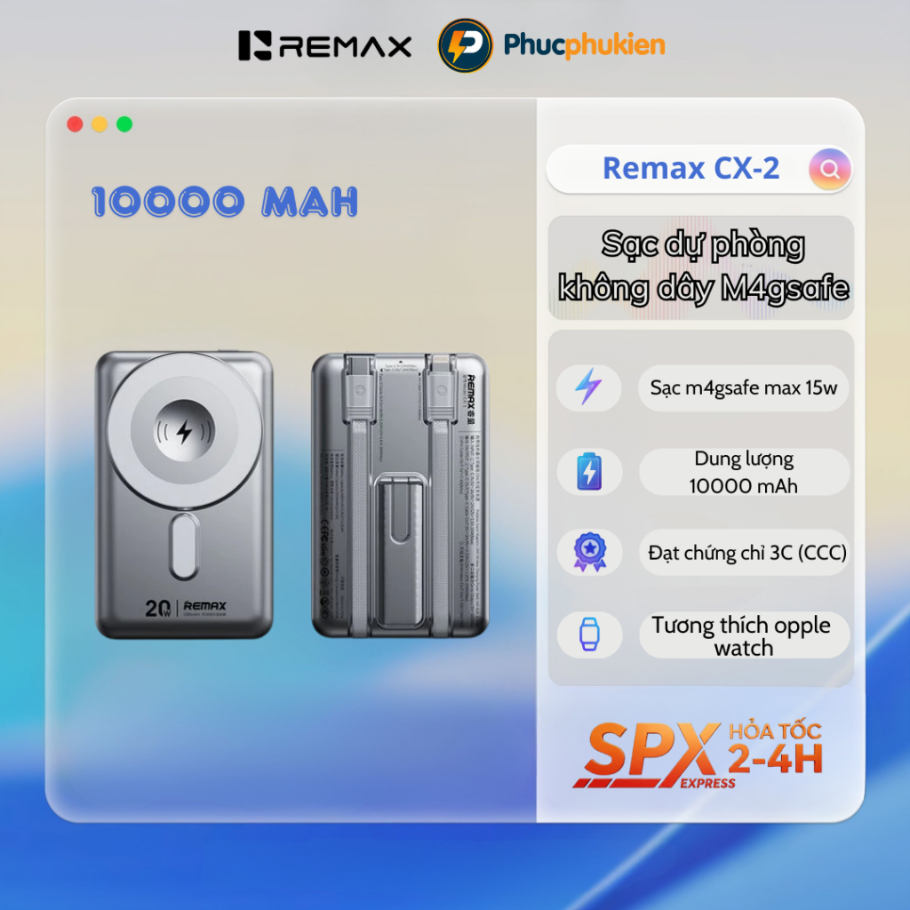 Remax CX-2 Sạc dự phòng Remax 10000mAh không dây M4gSafe,tích hợp 2 dây sạc & giá đỡ-Phúc Phụ Kiện
