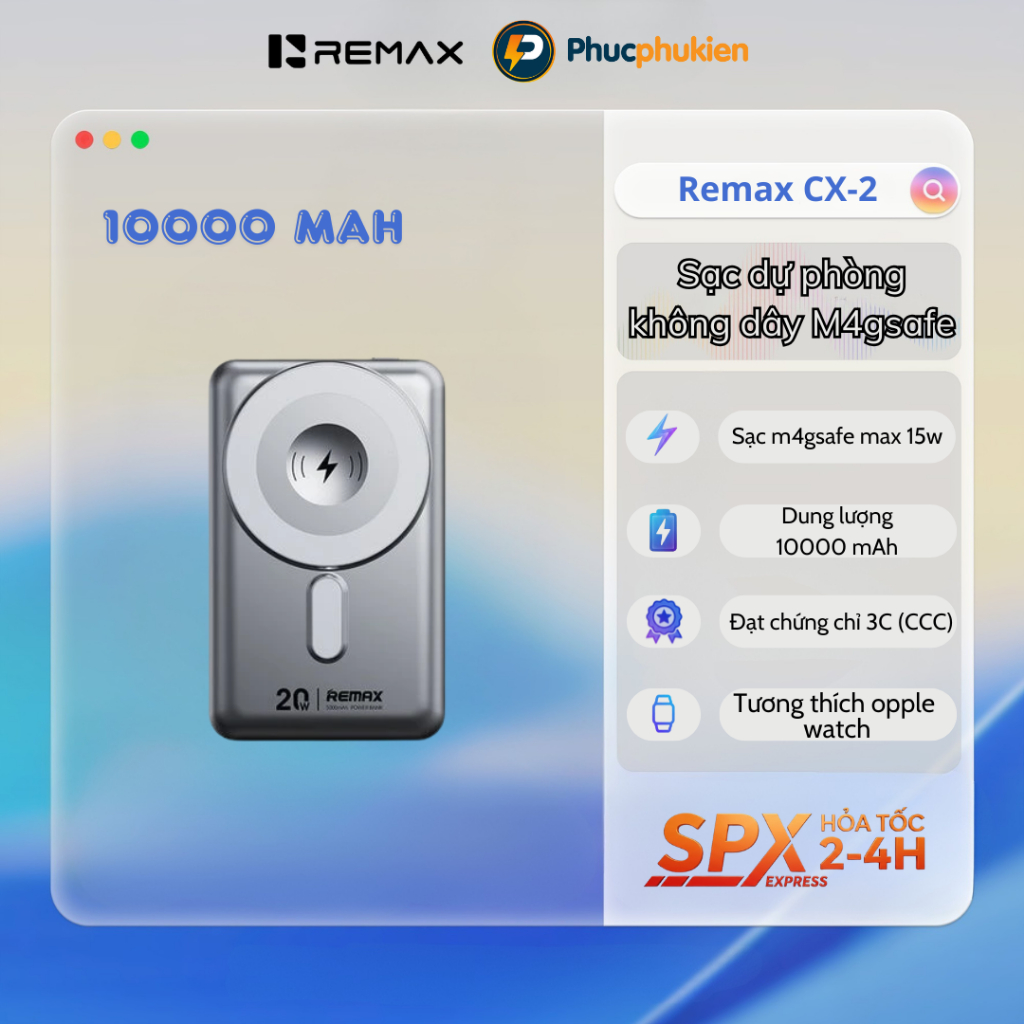 Sạc dự phòng Remax CX-2 – 10000mAh sạc không dây M4gSafe,tích hợp 2 dây sạc & giá đỡ – Phúc Phụ Kiện