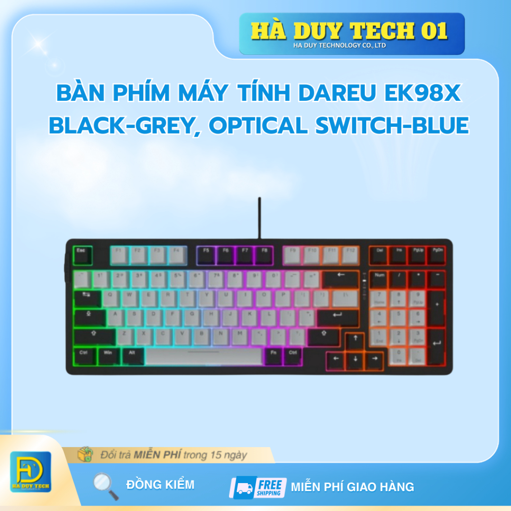 Bàn phím máy tính DAREU EK98X Black-grey, Optical switch-BLUE-Cam Kết Chính Hãng-BH 12T-Hà Duy Tech