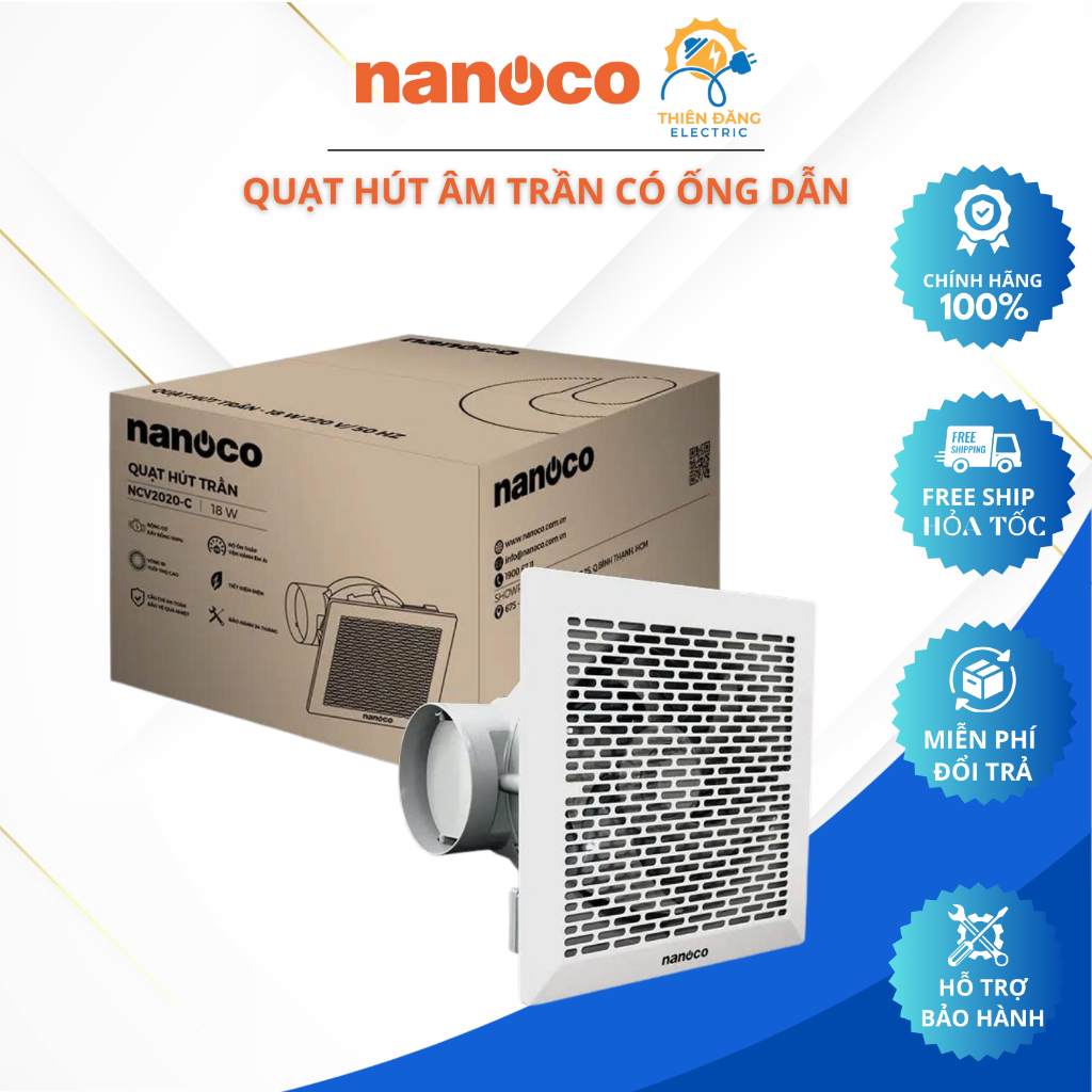 Quạt Hút Âm Trần có ống dẫn nanoco NCV1520-C 16W, NCV2020-C 18W