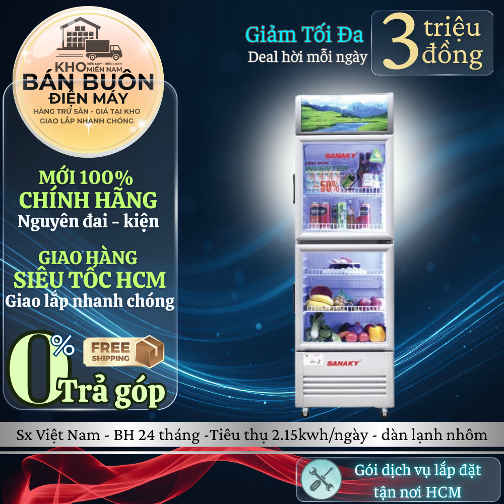 VH-408W3L Tủ mát Inverter Sanaky – 400L, 2 cánh kính, tiết kiệm điện, chống đọng sương | VH408W3L