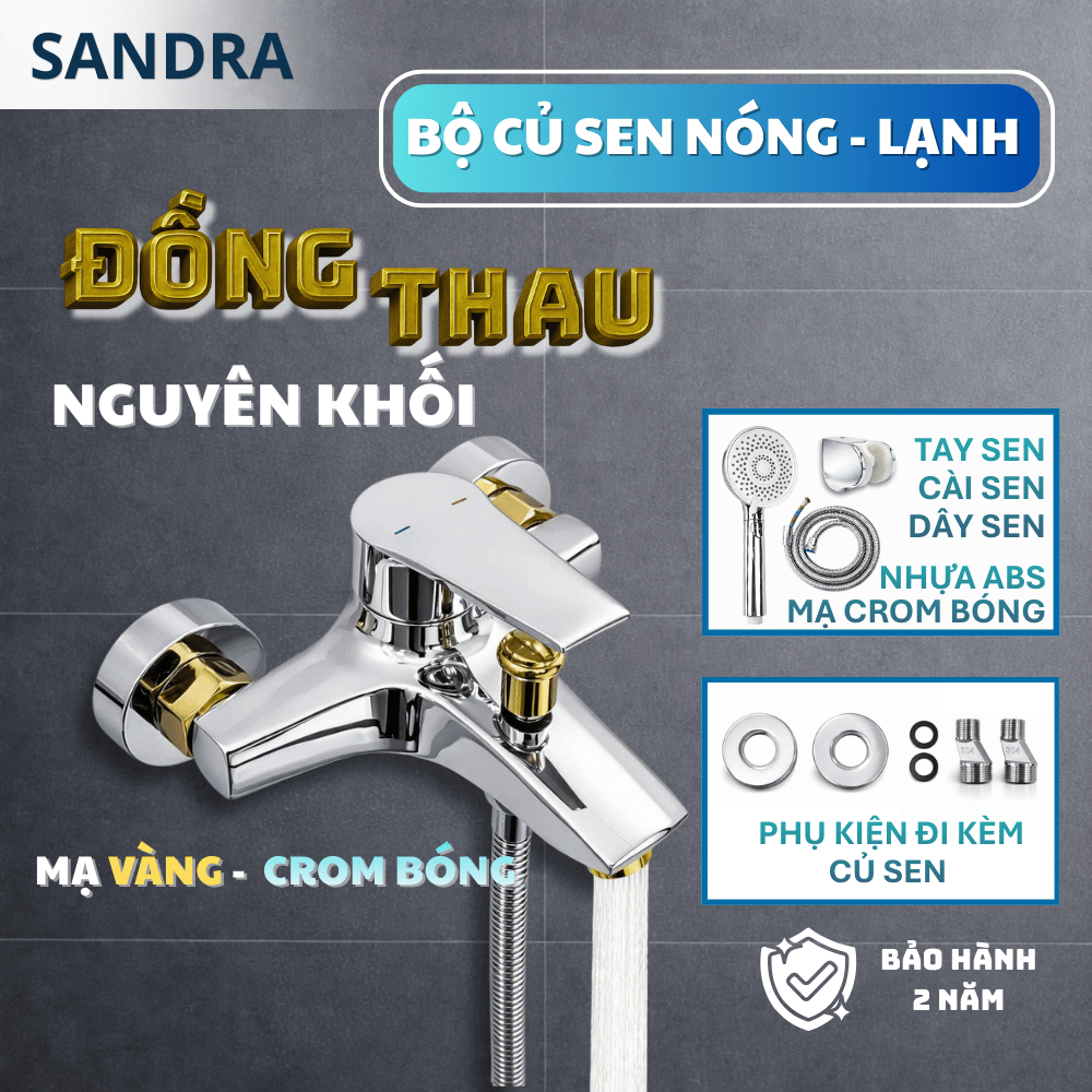 Củ Sen Nóng Lạnh Đồng Thau Nguyên Khối | SD-112V | Mạ Crom Bóng Phối Tay Sen Và Cài Treo Cùng Màu