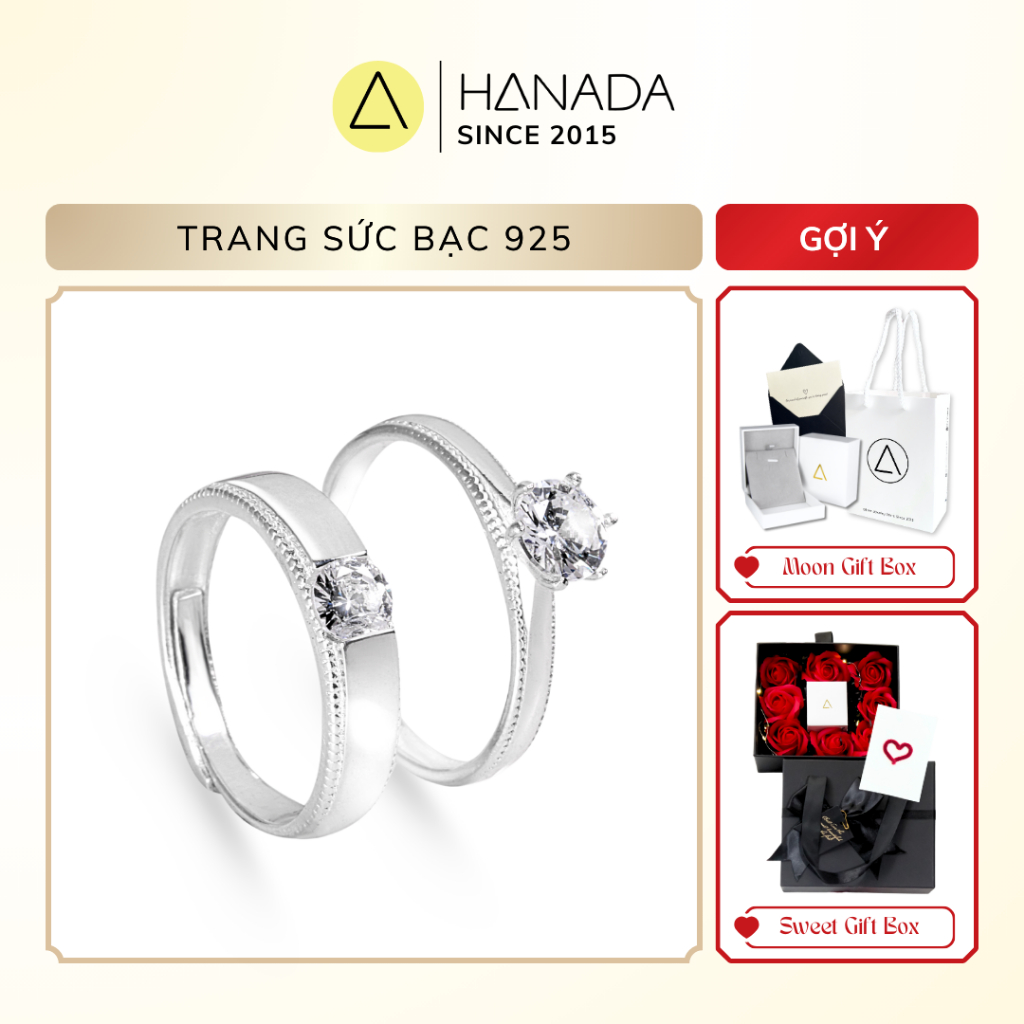 [BẠC 925-BH TRỌN ĐỜI] Nhẫn Cặp Bạc 925 HANADA Đính Đá Nhẫn Đôi Đính Ước Nam Nữ 1846