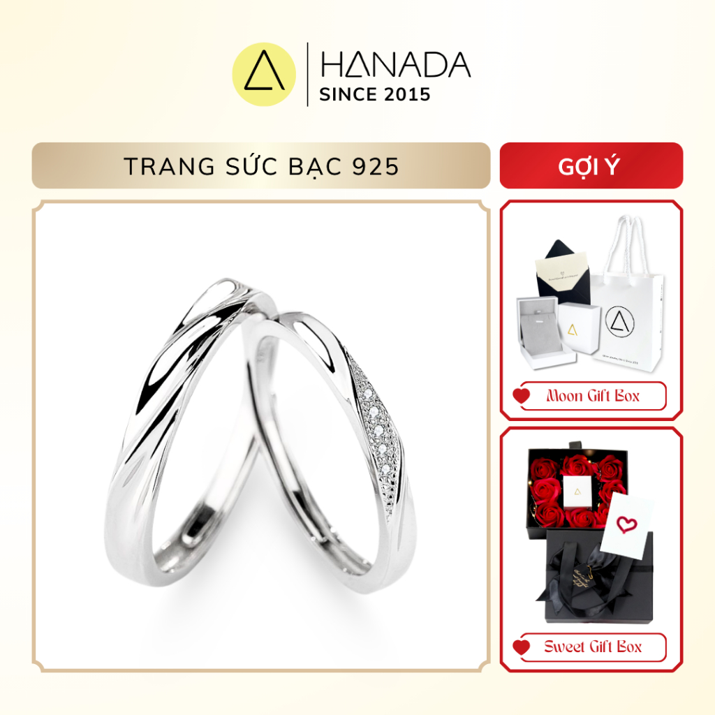 [BH TRỌN ĐỜI] Nhẫn Cặp Bạc 925 HANADA Xoắn Chéo Đính Đá Nhẫn Đôi Bạc Freesize Tùy Chỉnh Nam Nữ 1344 L1