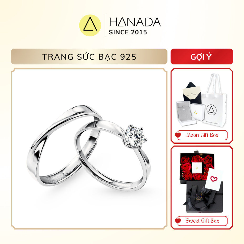 [BẠC 925-BH TRỌN ĐỜI] Nhẫn Cặp Bạc 925 HANADA Đá Cao Nhẫn Đôi Freesize Tùy Chỉnh 1323 M16
