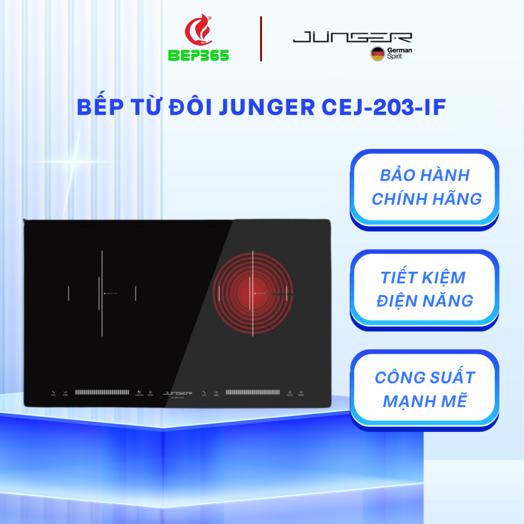 BẾP ĐIỆN ĐÔI JUNGER CEJ-203-IF – Nấu Nhanh Tiết Kiệm, Tặng Bộ nồi inox 5 chi tiết Junger CWJ-050