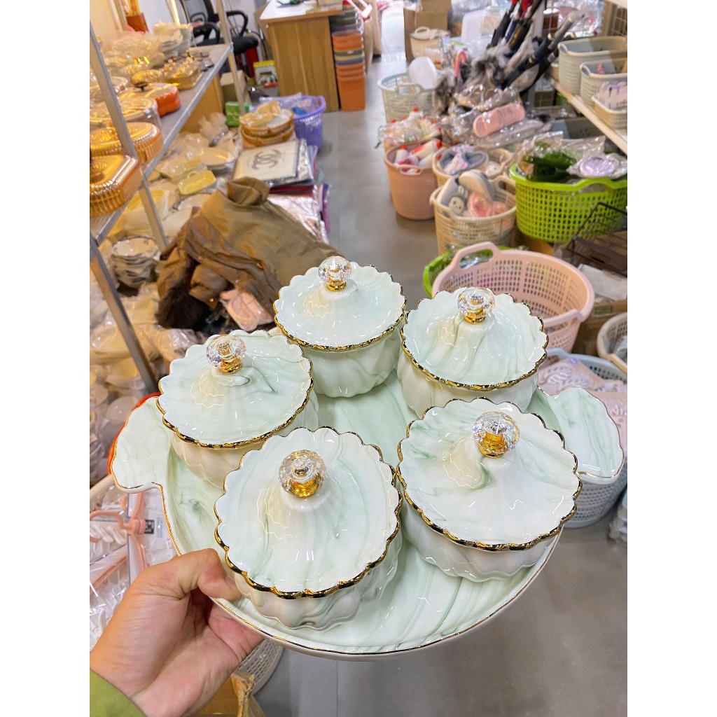 Khay Mứt Sứ Vân Đá - Khay Sứ 5 Hũ Nắp Vân Đá kèm Khay Tròn Xoay 360 Sang trọng - Decor Tết