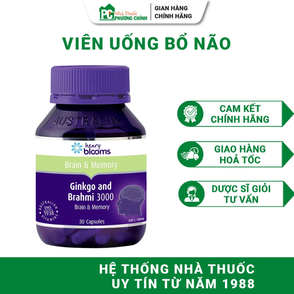 Viên Uống Bổ Não Henry Blooms Ginkgo and Brahmi 3000 - Hỗ Trợ Tăng Tuần Hoàn Não 30 Viên / 60 Viên