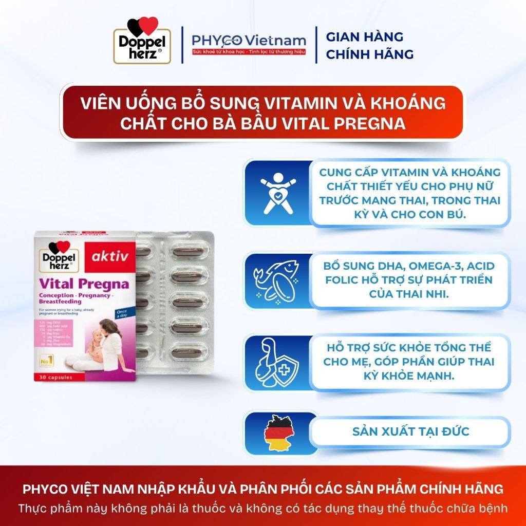 Viên uống bổ sung Vitamin và khoáng chất cho bà bầu Vital Pregna (Hộp 30 viên)