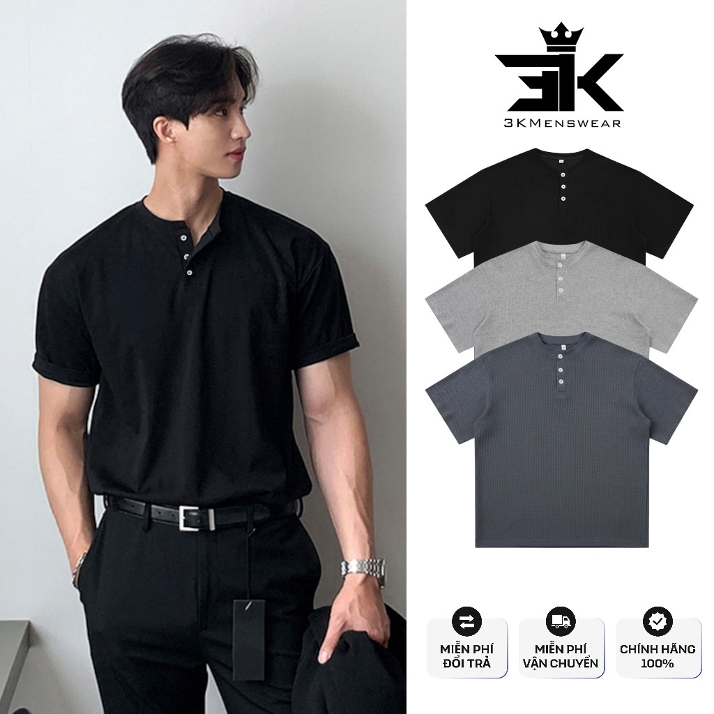 Áo Thun Cổ Trụ Tàu Cổ 10cm Form Rộng Tay Ngắn 3KMENSWEAR Phong Cách Hàn Quốc Unisex Năng Động