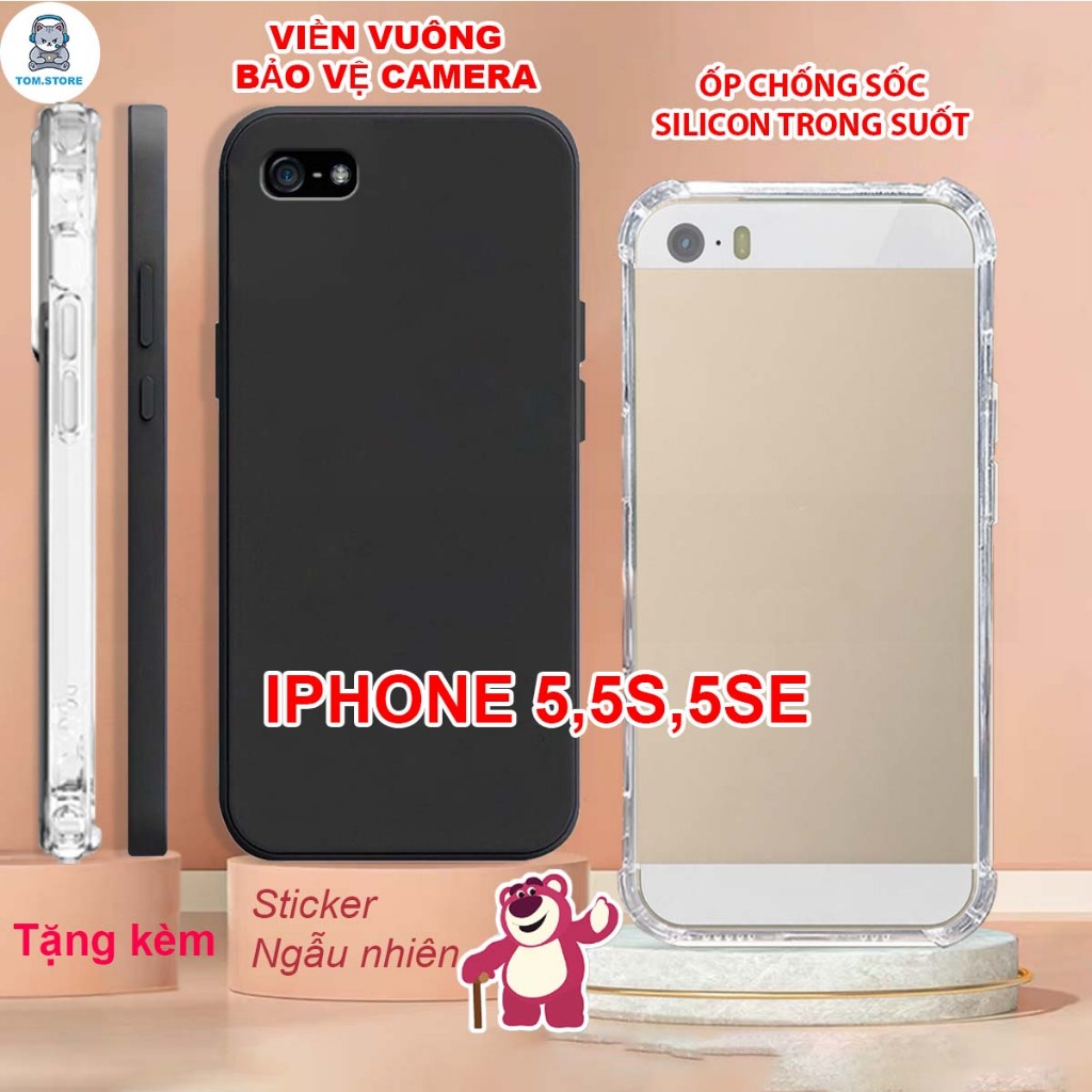 Ốp IPhone 5 / 5S / 5SE / SE 2016 cạnh viền vuông,chống sốc trong suốt silicon bảo vệ camera