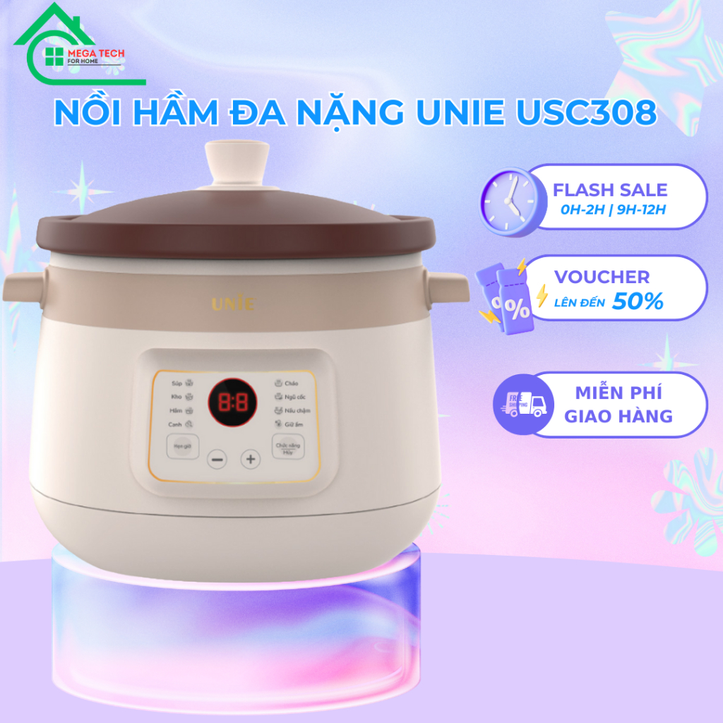 Nồi kho hầm chậm đa năng UNIE USC308, lòng nồi gốm tử sa cao cấp, dung tích 3L, 8 chức năng nấu, bảo hành 12 tháng
