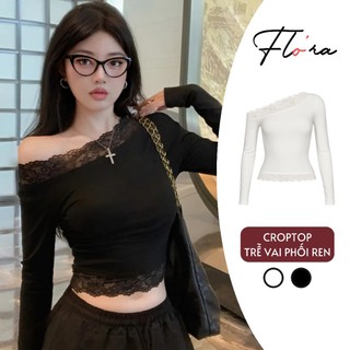 Áo Croptop TAY DÀI TRỄ VAI VIỀN REN Thun Gân Nữ CR117, Áo Thun Lệch Vai Ôm Body Kiểu Sexy Flo'ra