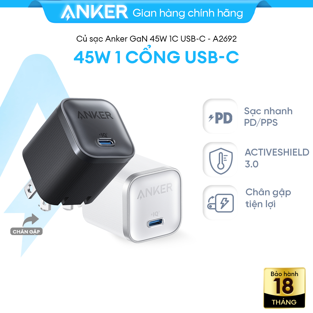 [Samsung/iPhone 15-17/Macbook] Củ sạc nhanh Anker Nano 45W | 1 cổng USB-C | Chân gập nhỏ gọn | Sạc n