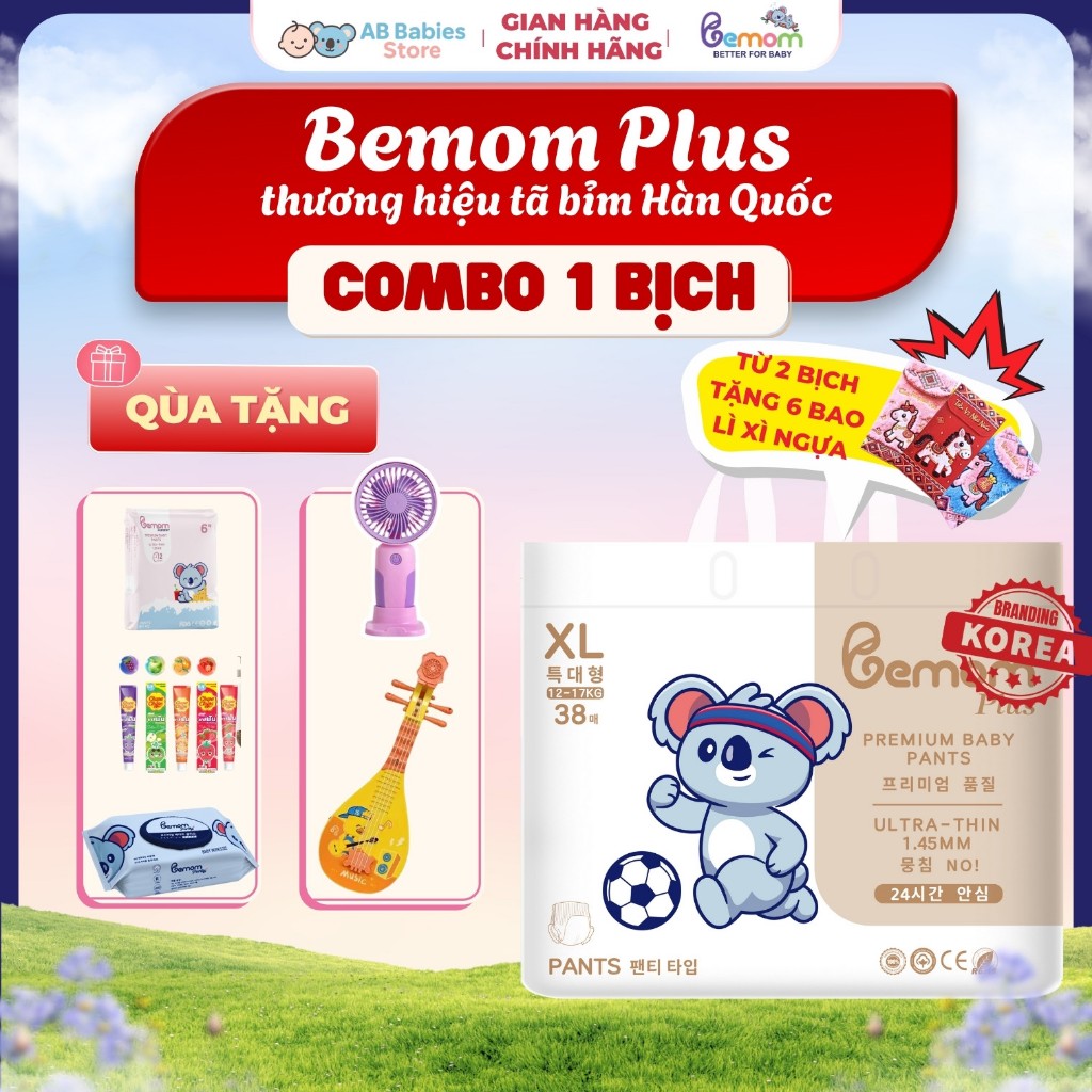 (Tặng Quà) Tã/Bỉm Hàn Dán Và Quần Bemom PLUS Chuyên Gia Bỉm Đêm, Chống Tràn 12h Size M-3XL 3-30kg
