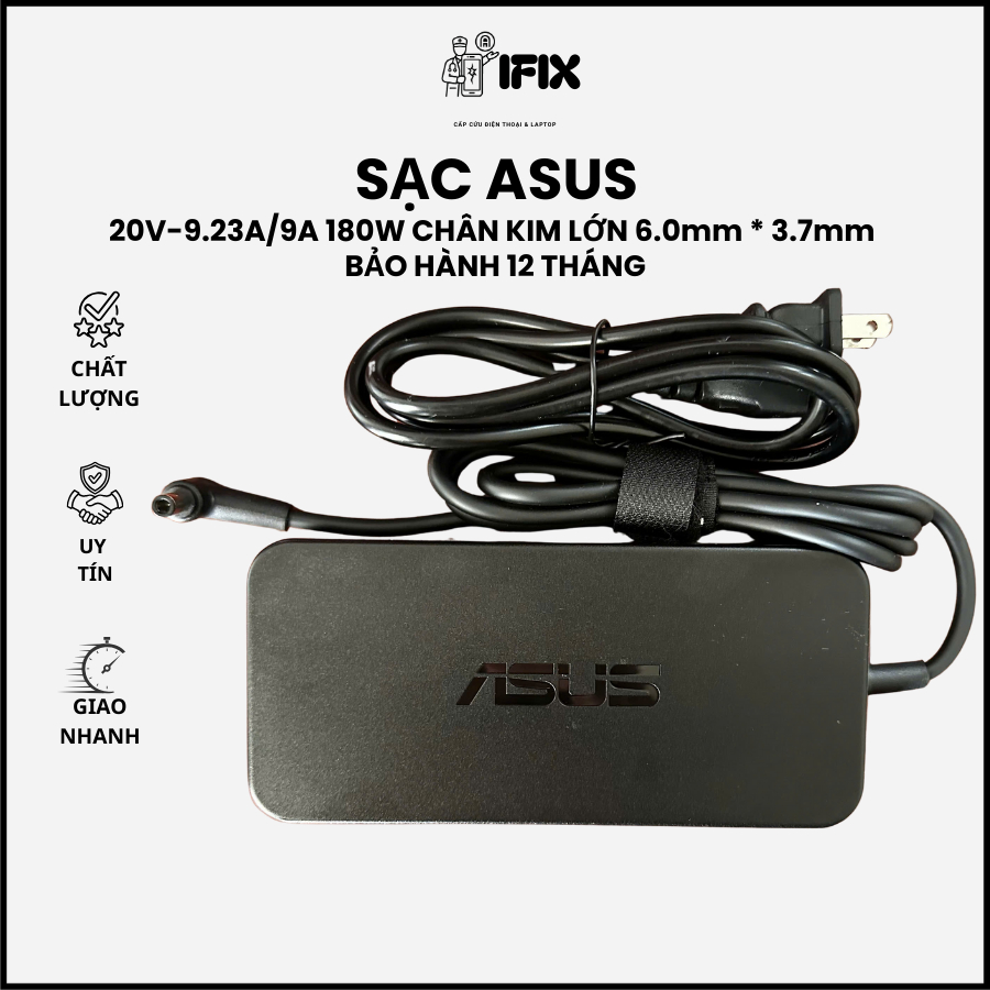 SẠC LAPTOP ASUS 20V-9.23A/9A 180W CHÂN KIM LỚN 6.0mm * 3.7mm – BẢO HÀNH 12 THÁNG