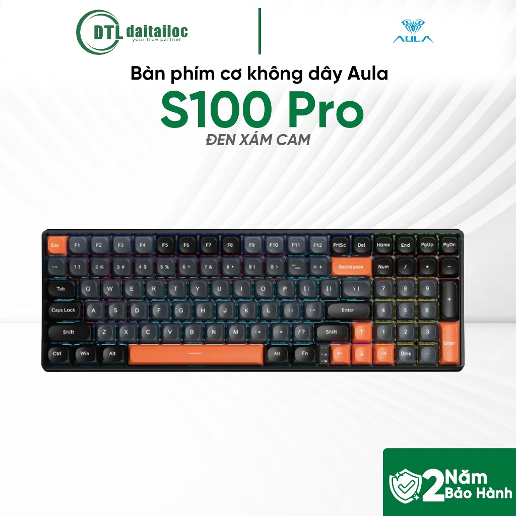 Bàn phím cơ không dây gaming 3 Mode AULA S100 PRO Đen Xám Cam Red switch | Chính Hãng | Bảo Hành 24 