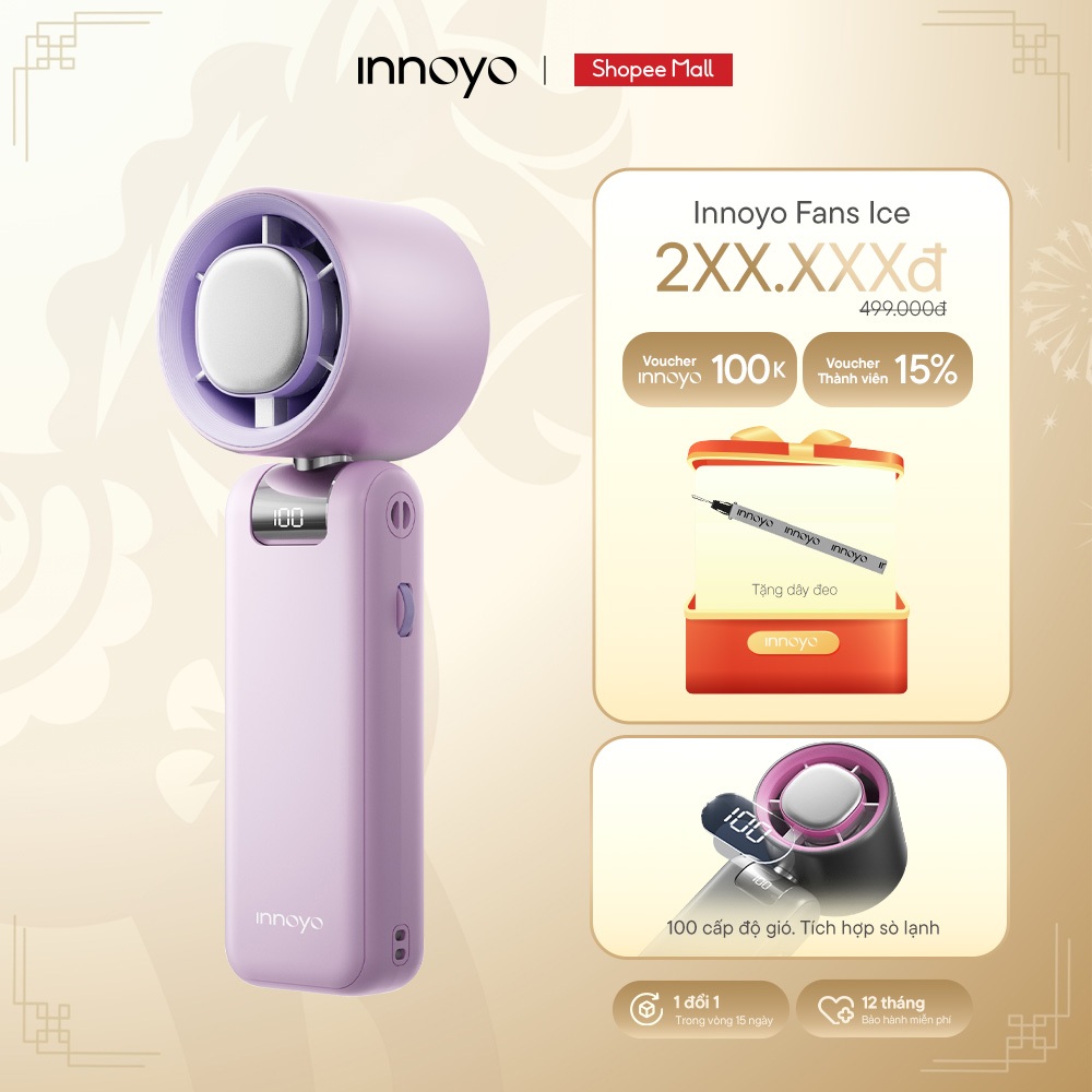 Quạt cầm tay Innoyo Fans Ice - 100 cấp độ gió, gập linh hoạt 180 độ, tích hợp sò lạnh - Bảo hành 6 t