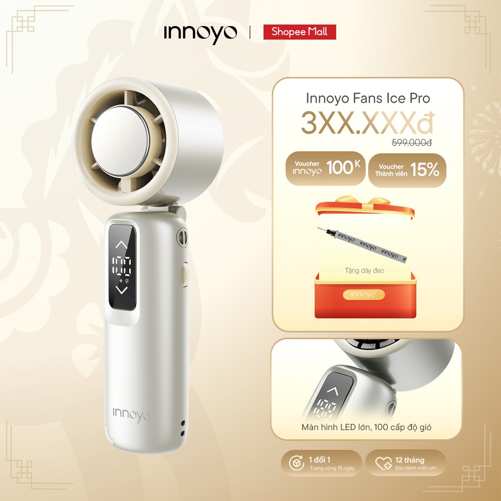 Quạt cầm tay gấp gọn Innoyo Fans Ice Pro - Màn hình lớn, 100 cấp độ gió, sò lạnh làm mát - BH 6 thán