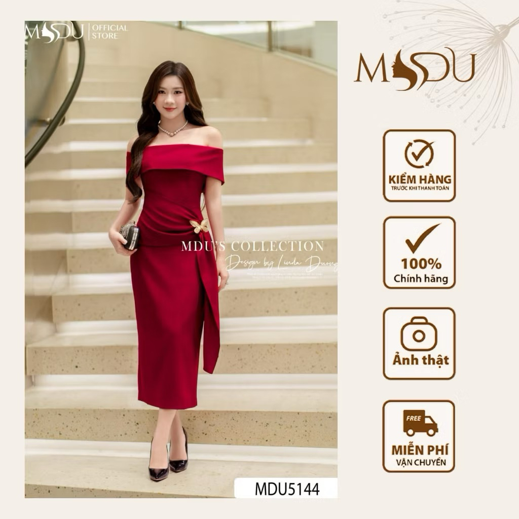 Váy Mango Ý MDU5144 Gam Đỏ Rượu Vang Sang Trọng Thiết Kế Trễ Vai Cùng Đắp Vạt Lệch Eo Lạ Mắt Từ MDU