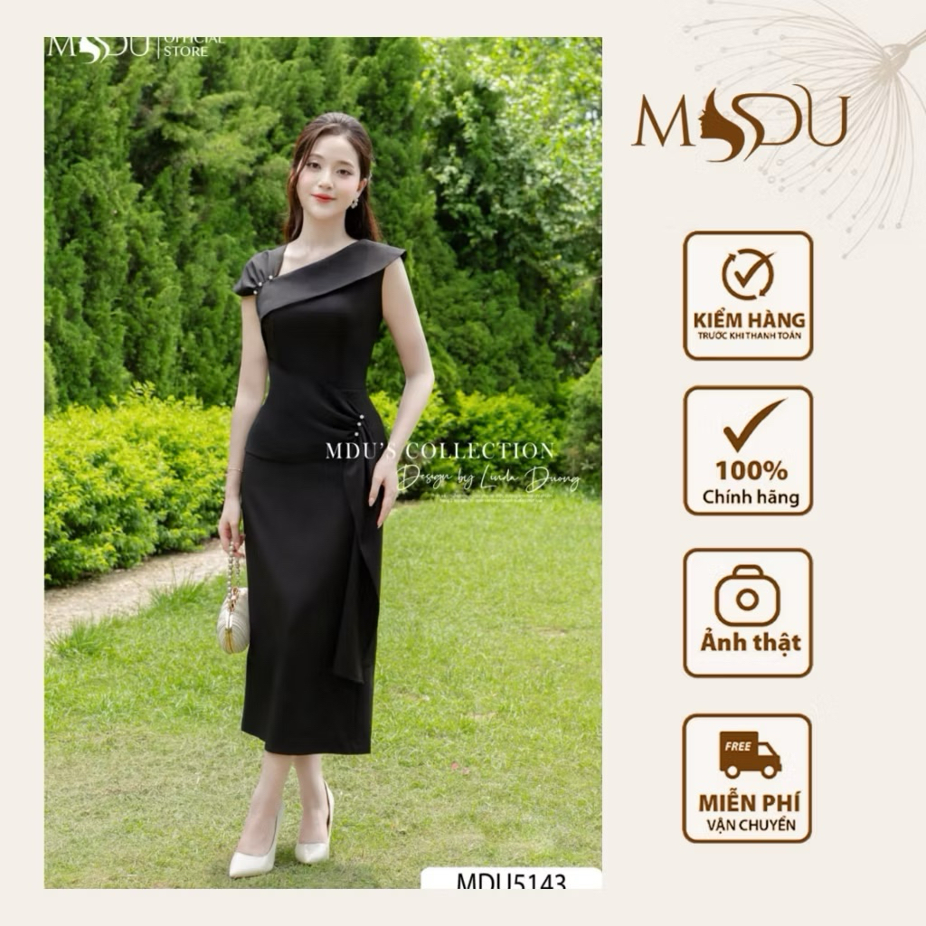 Váy Thiết Kế MDU5143 Chất Mango Cao Cấp Dáng Ôm Nhẹ, Cổ Bất Đối Xứng Phối Nếp Gấp Lạ Mắt Từ MDU