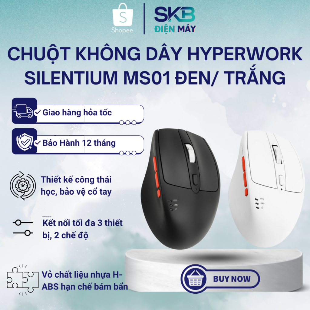 Chuột không dây HyperWork Silentium MS01 Đen/ Trắng - Bảo hành chính hãng 12 tháng