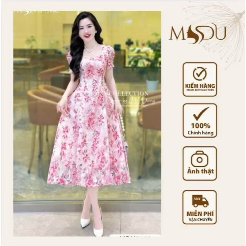 Váy Tơ Ép MDU5113 Thiết Kế Cổ Vuông Tôn Dáng, Tay Bồng Ngắn Cùng Gam Hồng Pastel Thanh Lịch Từ MDU